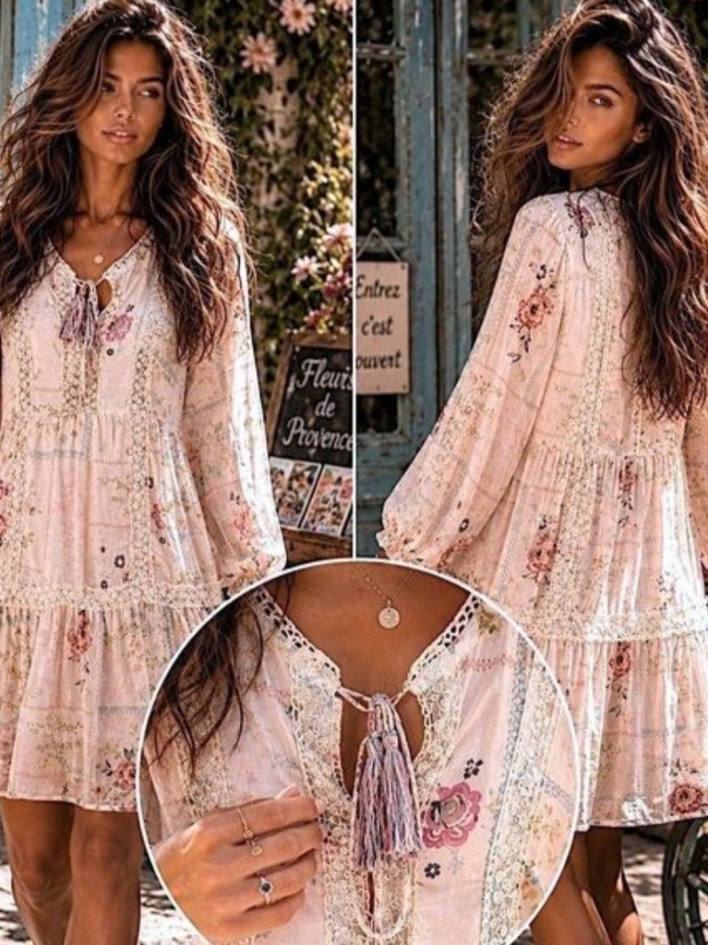Boho Pink Floral Midi Dress with Tassel Tie